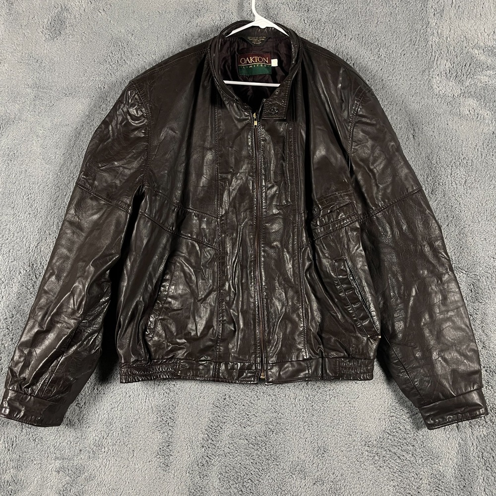Vtg Oakton Limited Genuine Leather Bomber Jacket Mens Brown Winter Warm Full Zip